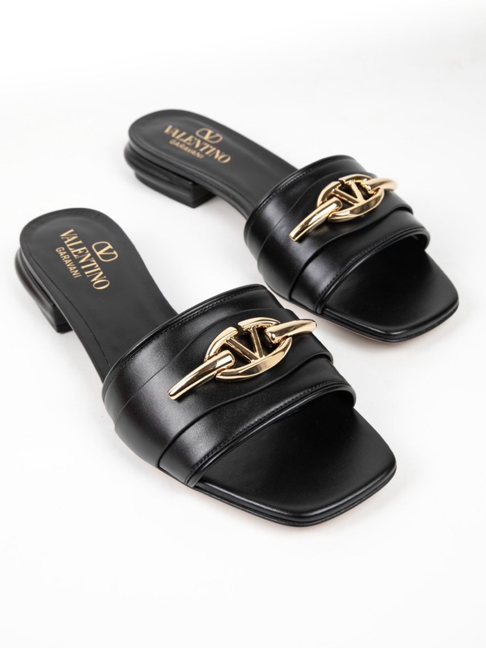 Valentino Black Leather Women’s Slides with Gold Chain Accent✨